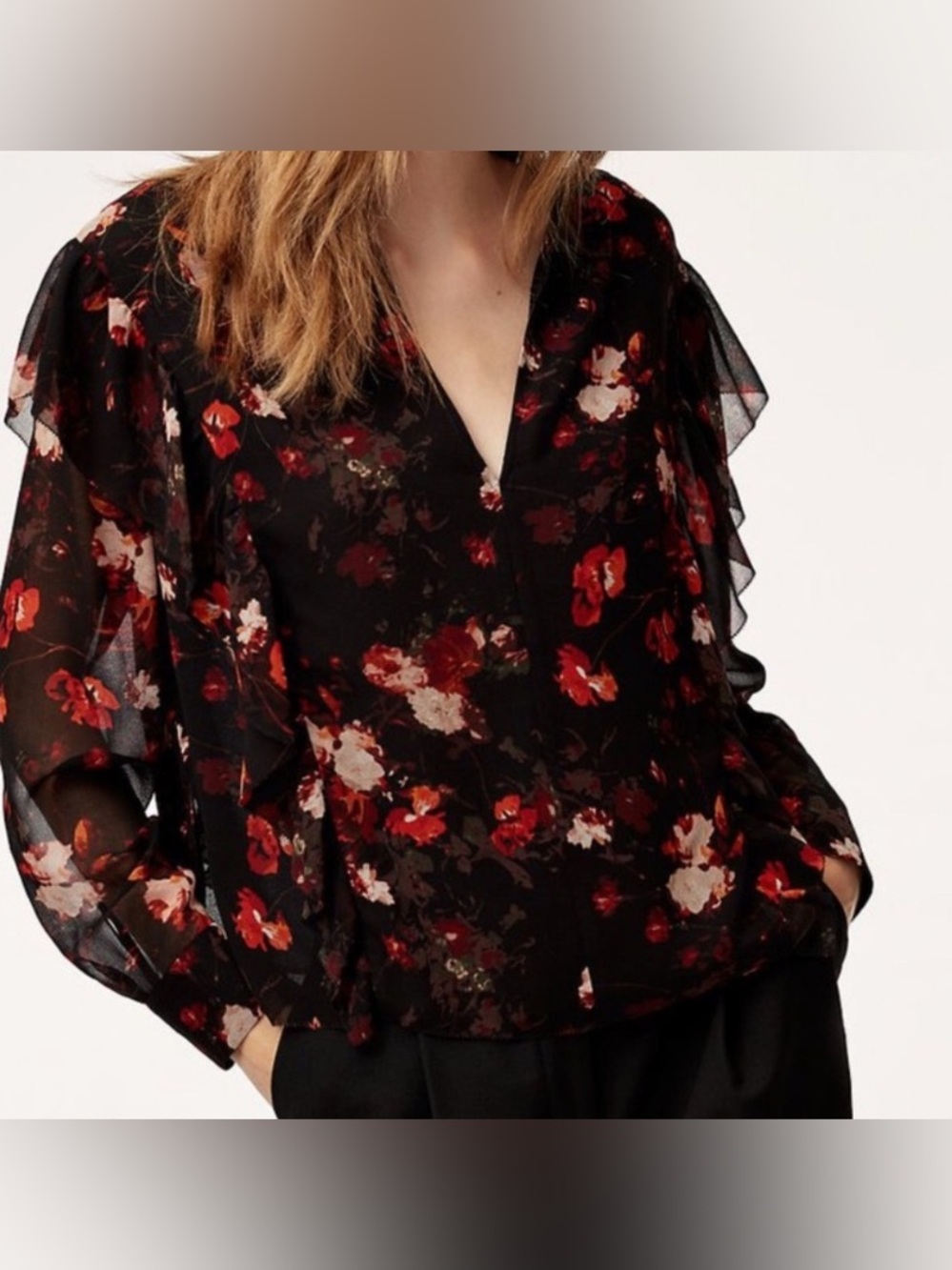 Wilfred By Aritzia Floral V-Neck Ruffle Long-Sleeve Blouse